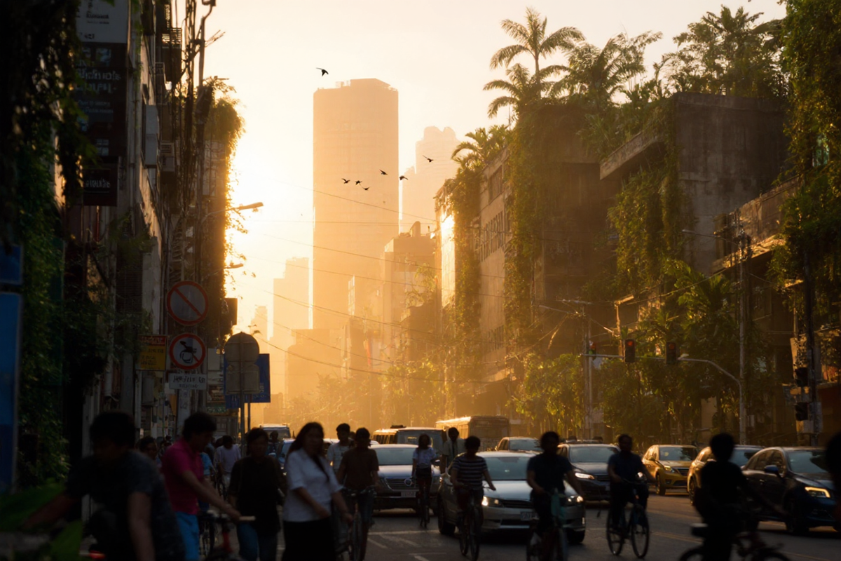 La jungla urbana — ciudad tomada por vegetación y luz de sodio
